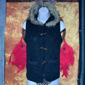 SONOMA-women’s black acylic fur-hood knit sweater vest jacket